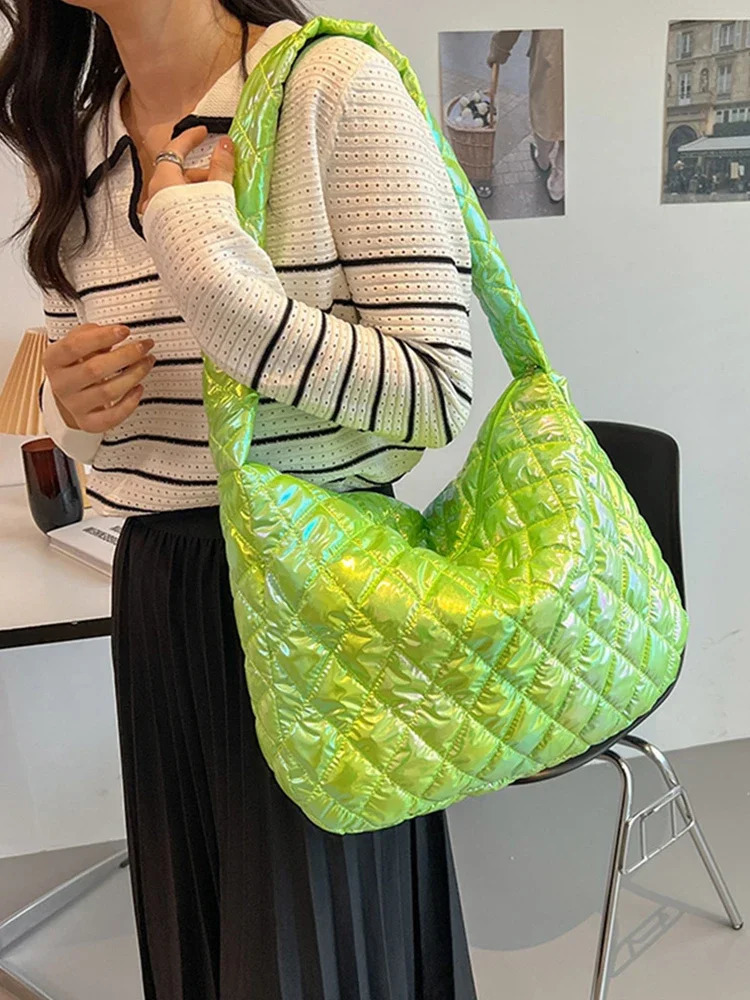 Cotton Padded Women Tote Bag Large-capacity Ladies Tote Handbags Laser Multicolor Rhombus Pattern for Travel Work for Daily Life 250603
