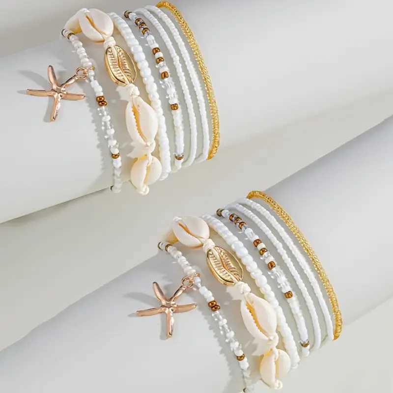 7/14pcs Bohemian Beaded Anklet Set for Women Summer Starfish Shell Charms Multi-Layer Beach Foot Bracelets Daily Wear Jewelry W250604