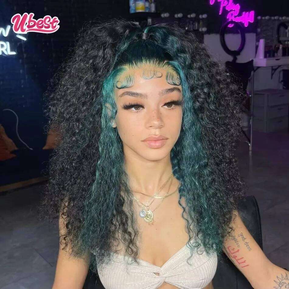 Ubest 13X6 Transparent Front Wigs Curly 100% Human Hair Ombre Dark Green Colored 5X5 Lace Closure Wig Pre Plucked For Women