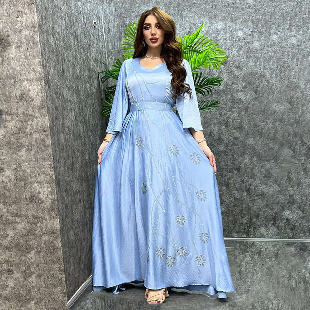 Muslim Abaya Leaf Pattern With Rhinestones Belt Dubai Robe Dress B5