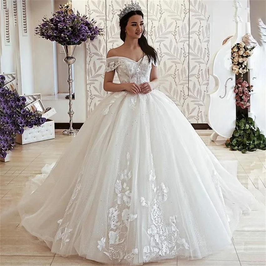 Elegant Off Shoulder Wedding Dresses robe de mariee Lace Up With Lace Appliqued Princess Bridal Gown Court Train Tulle Vestido De Noiva