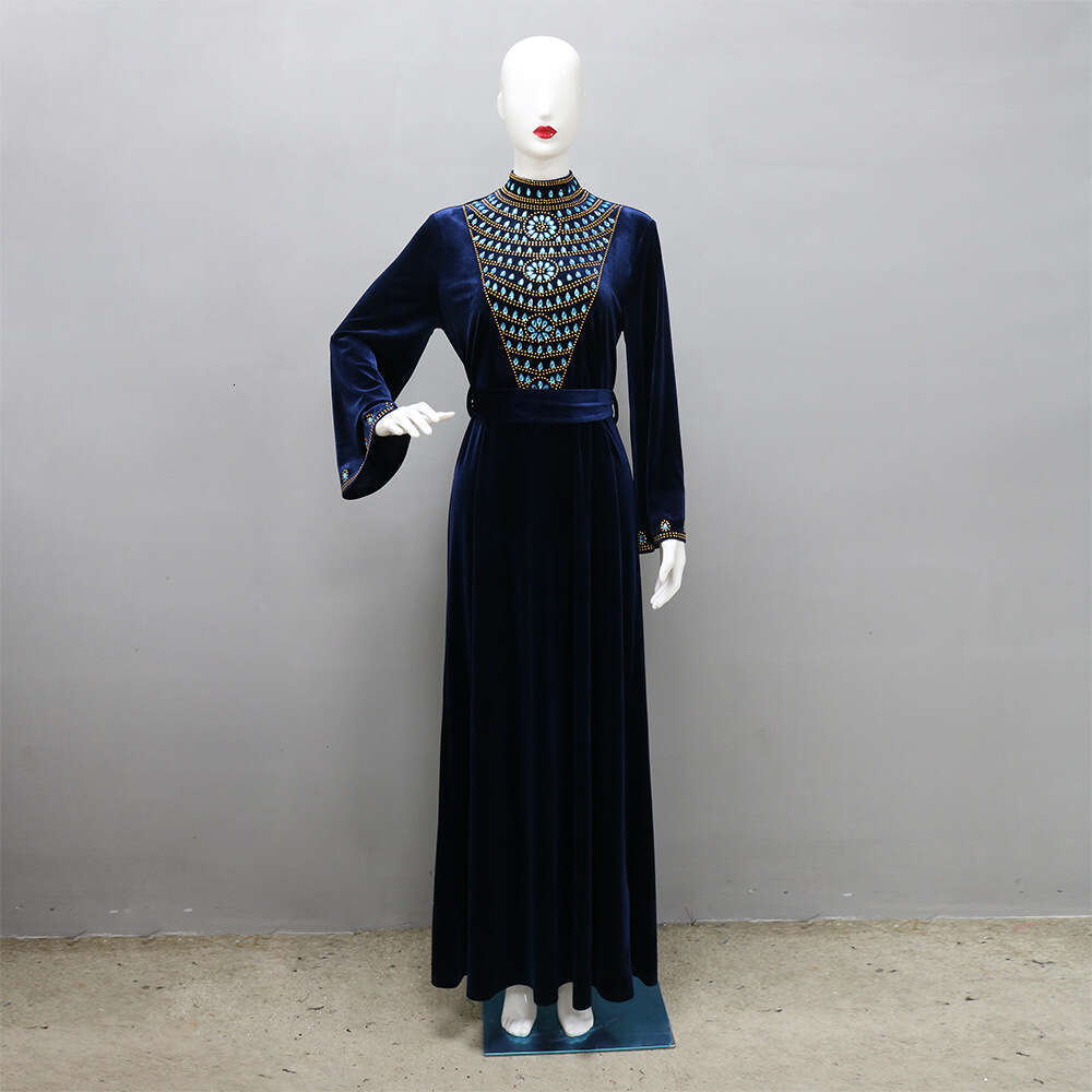 Because0219 Muslim Dubai Velvet Evening Gown Robe Blue Water Drop Rhinestone Jalabiya Women's Wear B5