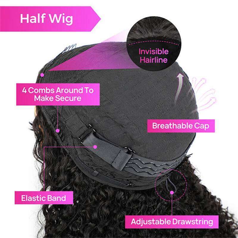 VSHOW 3 In 1 Half Kinky Straight Human Hair Adjustable Drawsting Full hiine Made Wigs With Natural Hairline