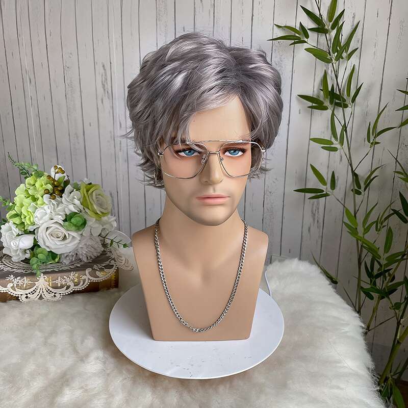 Fashion Men's Short Curly Hair Sier Gray Gradient Synthetic Fiber High-Temperature Wig Cap