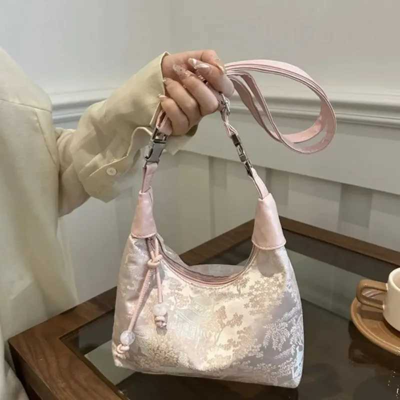 Sweet Elegant Embroidery Shoulder Bag Nylon Texture Pearl Pendant Crossbody Purse Small Bucket Handbag Women Fashion Accessory XJ250604