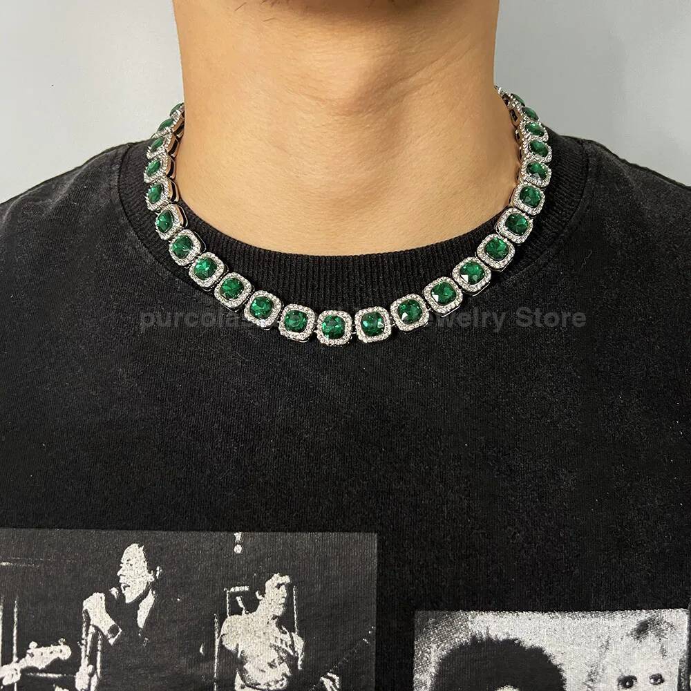 NEW Green Necklace for Men Women 12mm Tennis Chain Cuban Link Hip Hop Square Bling AAA Rhinestones Glass Jewelry