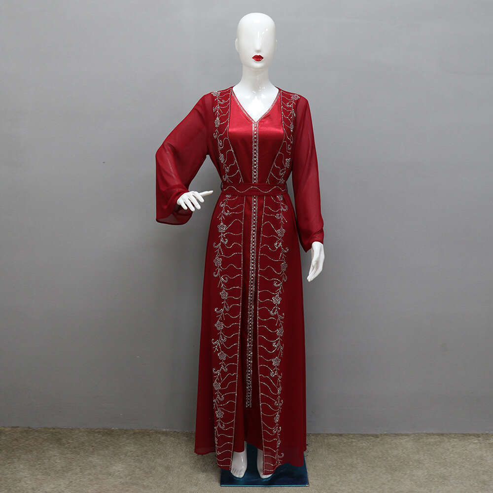 Because0261four Seasons Commuter Vest + Jacket Dress Chiffon Rhinestone Muslim Set Robe B5