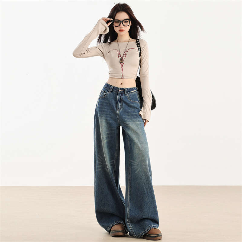 American Style Light Blue Wide-Leg Jeans For Women, Autumn New Design, High Waist, Slimming, Draped, Floor-Length Pants B5