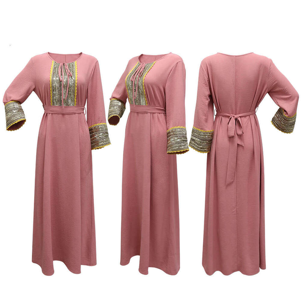 Because0377 Jalabiya Neck Tie Design Sequin Patchwork Small Lace Evening Dress B5