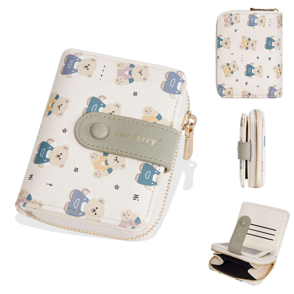 New Women's Short Wallet Baellerry Korean Style Cute Cartoon Bear Snap Button Leather Zipper Coin Purse