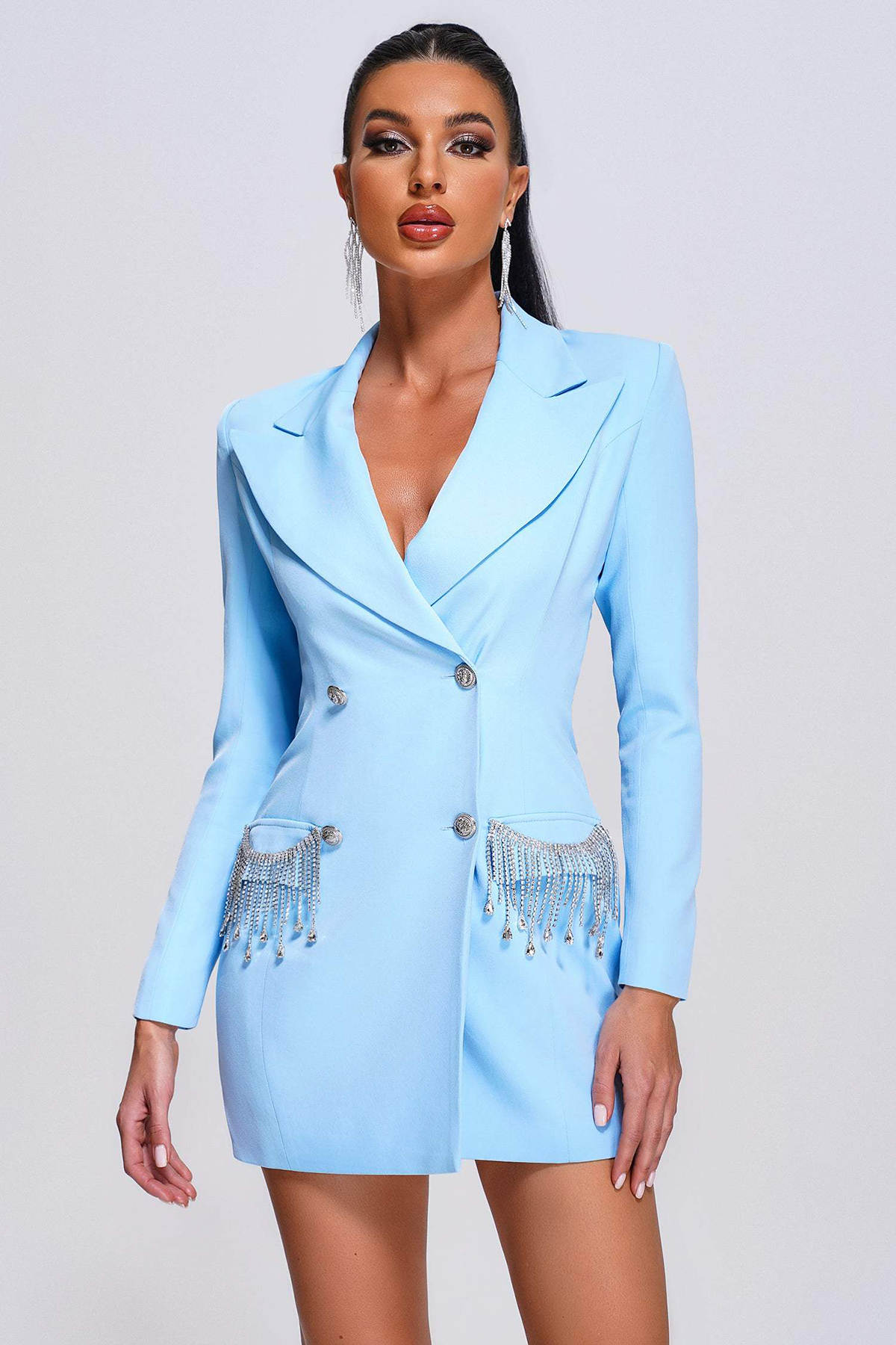 Sky Blue Women Blazer Dress Celebrity Lady Beading Evening Party Wedding Formal Outfits One Jacket