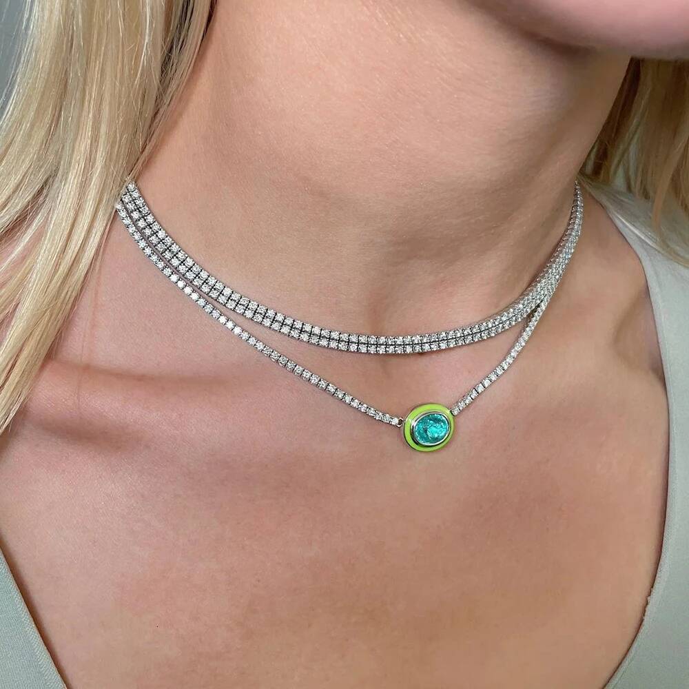 Neon Enamel Pink Heart Rectangle Charm Necklace Bling Colorful Geometric CZ Beaded Tennis Cuban Chain Fashion Women Jewelry