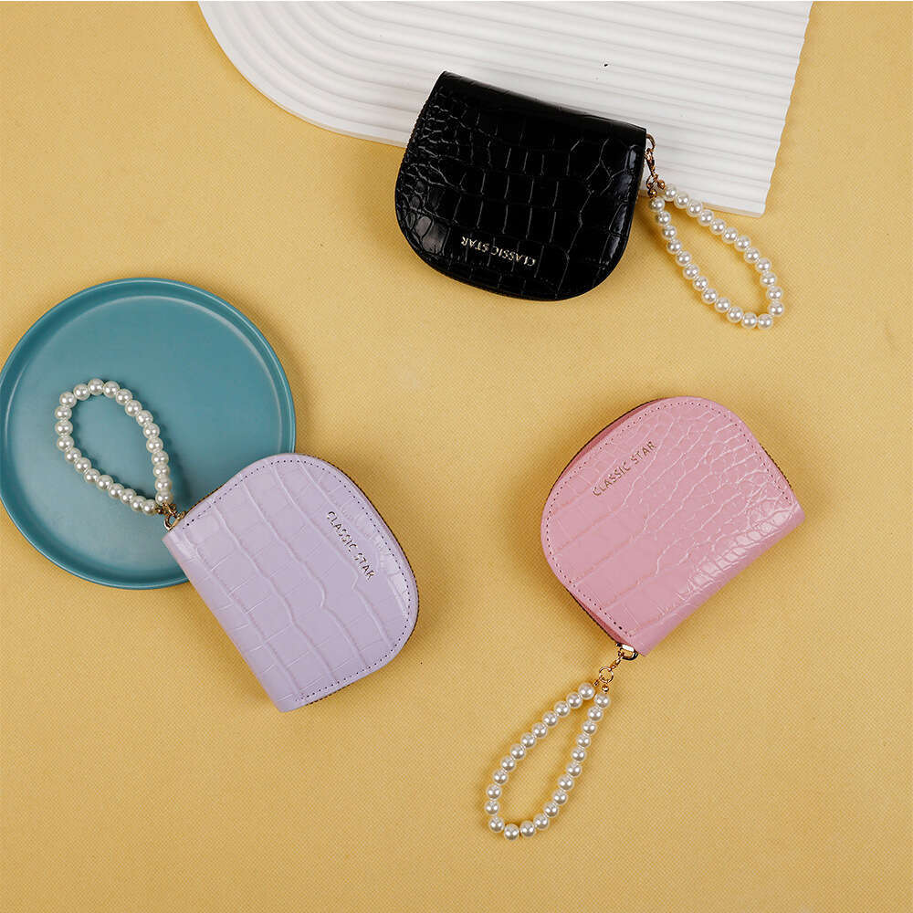 New Pearl Bracelet Crocodile Pattern Half-Round Accordion Card Holder Large Capacity Exquisite Shiny Leather Coin Purse Wallet