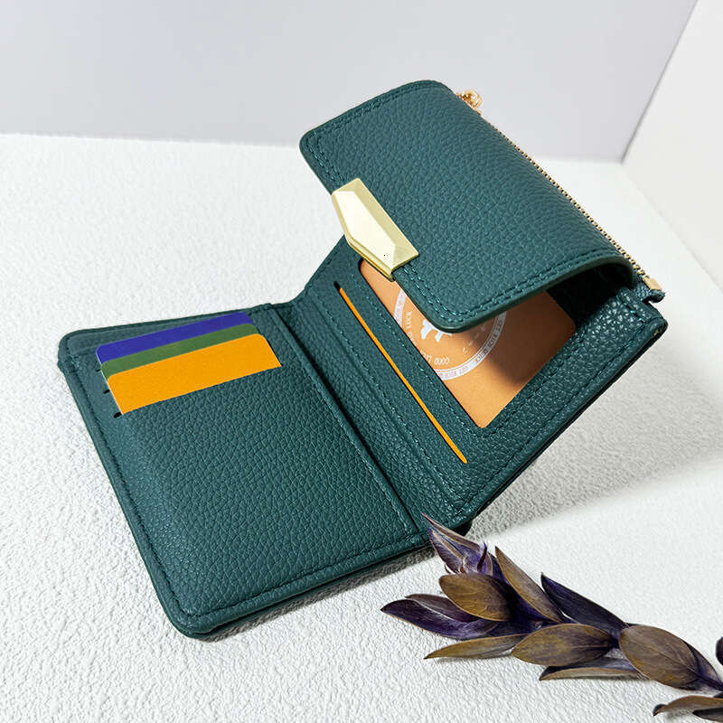 Short INS Lychee Texture High-end Small Fold 70% off Multi-card Slot Women's Leather Wallet