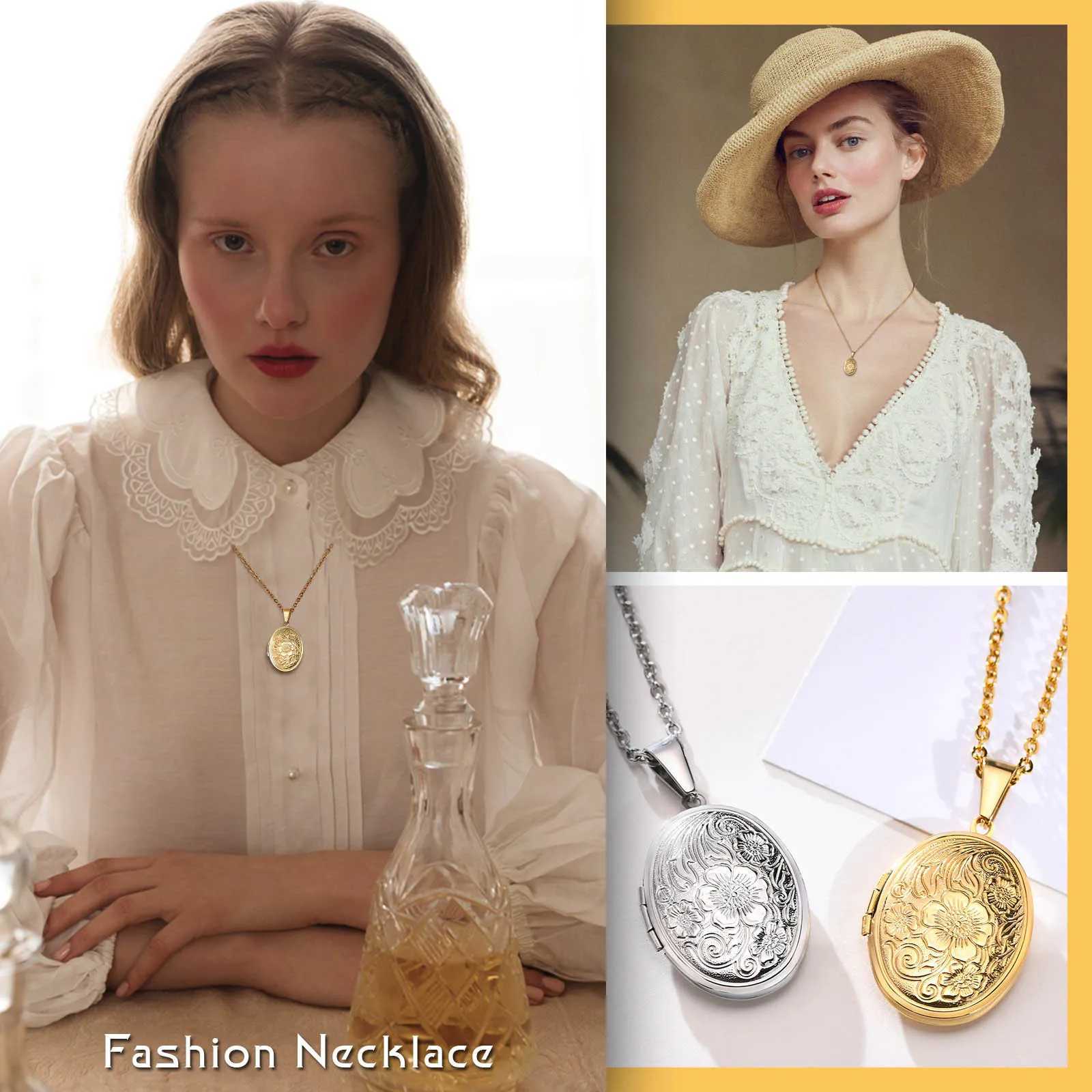 Delicate Floral Oval Heart Locket Pendant Necklaces for Women Stainless Steel Photo Frame Promise Love Keepsake Gift XJ250604