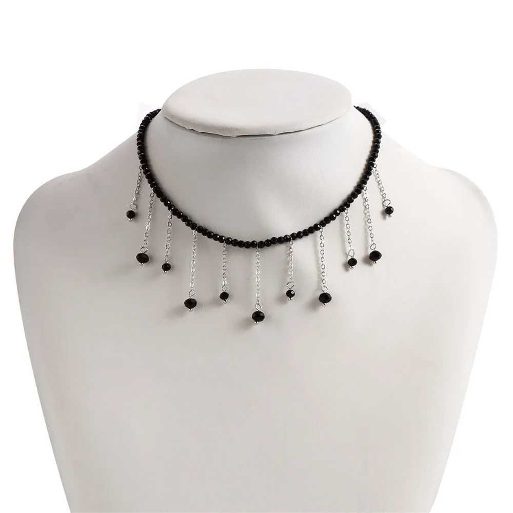 Fashion Vintage Black Bead Chain Silver Plated Metal Tassel Pendant Necklace For Women Female Boho Simple Choker Jewelry GiftXJ250604