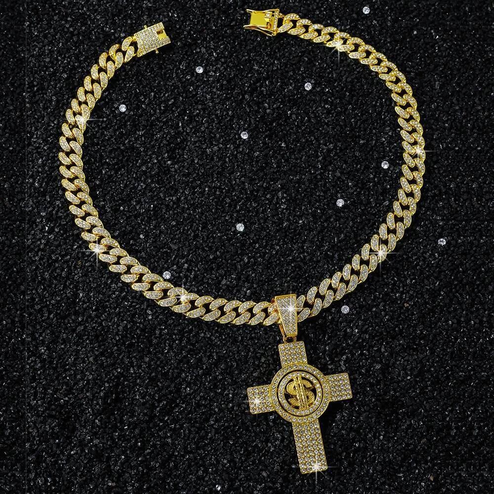 Men Hip Hop Cross Pendant Necklace with 13mm Miami Cuban Chain Rotatable US Dollar Money Sign Pendants Necklaces Fashion Jewelry
