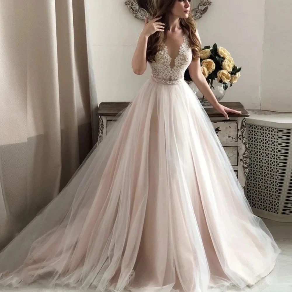 Boho A-Line Wedding Dresses Cap Sleeve Lace Appliques Sheer Backless A-line Tulle Beach Long Bridal Gown Light Pink Liner Custom Made Vestido De Novia