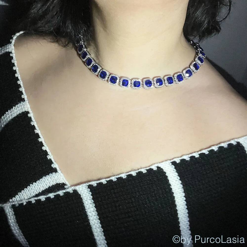 Fashion Royal Blue Women Men Tennis Cuban Chain Necklace Link Hip Hop Square Bling AAA Rhinestone Glass Jewelry