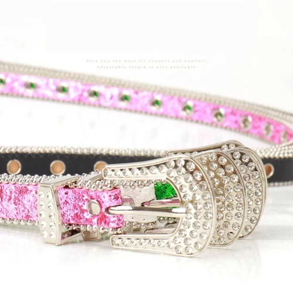 Street Style Sparkling Rhinestone Womens Belt Adjustable Length Glitter Waistband Imitation Leather Belt for y2k Girls W250604