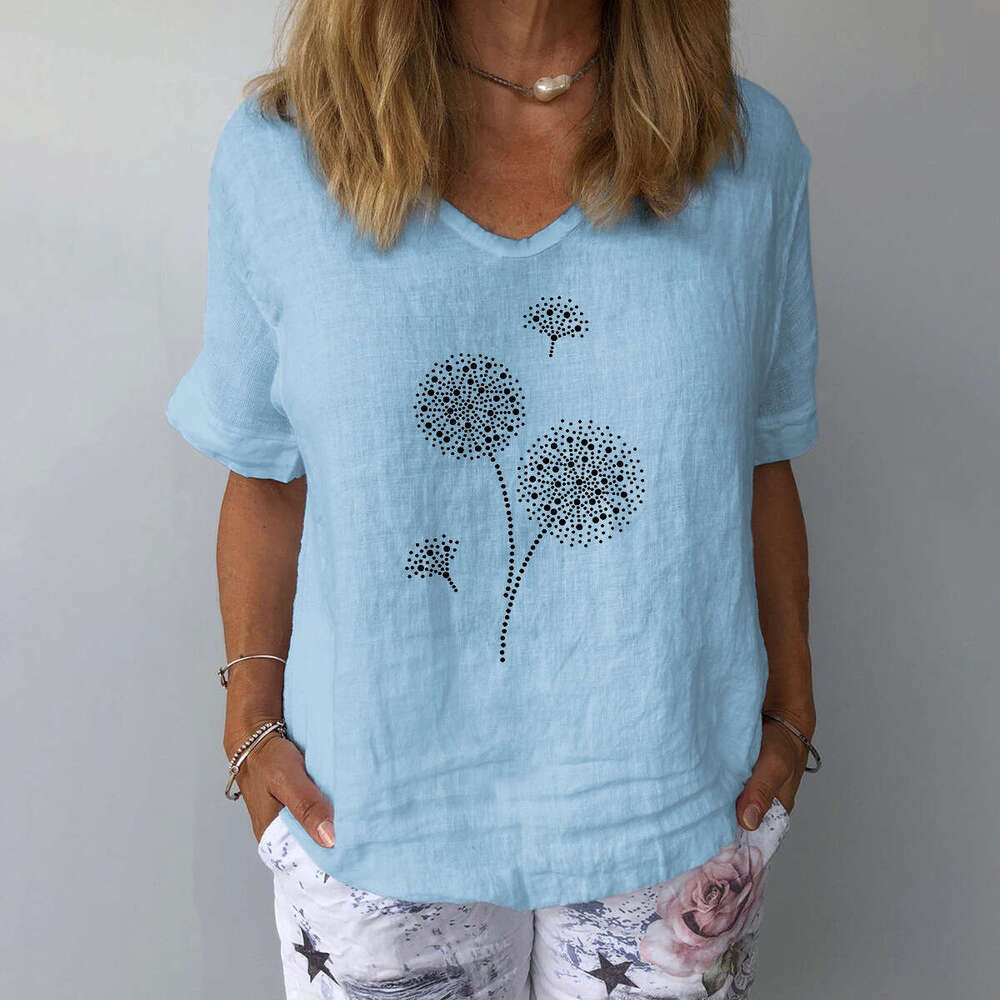 Short Sleeve Cotton Linen Loose Casual Dandelion Print Top B5
