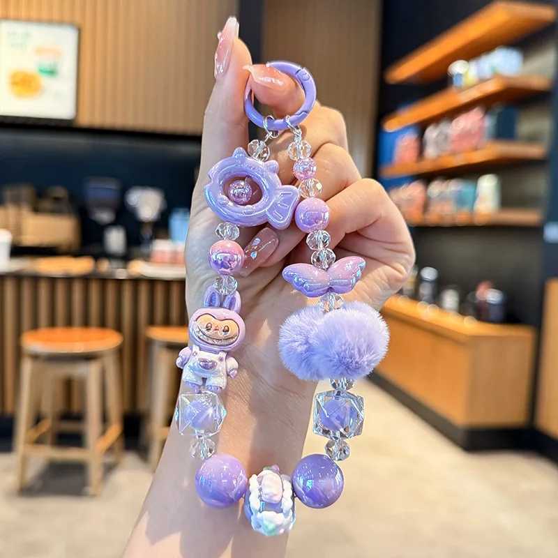 Labubu Painted Beads Phone Chain Hairball Keychain Sweet Girl Anti-lost Wrist Strap Bracelet Earphone Case Charm Bag Decoration M250604