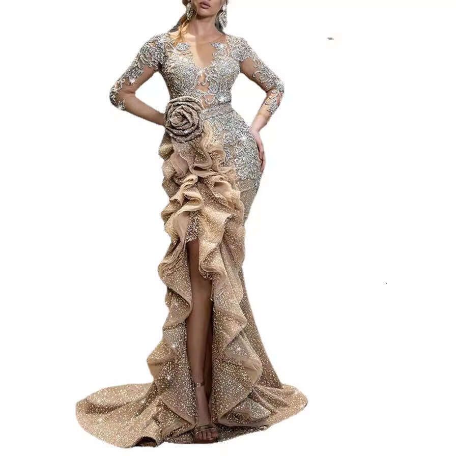 2020 New Women's Sexy Gold Sequin Long Sleeve Party Dress with Train