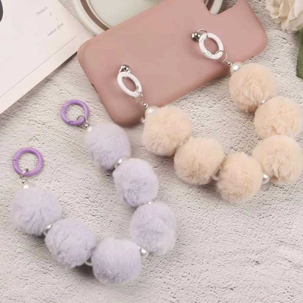 Colorful Hairball Phone Strap Wrist Strap Sweet Plush Anti Lose Sling Bag Pendant Chain With Imitate Pearl Mobile Phone Lanyard W250604