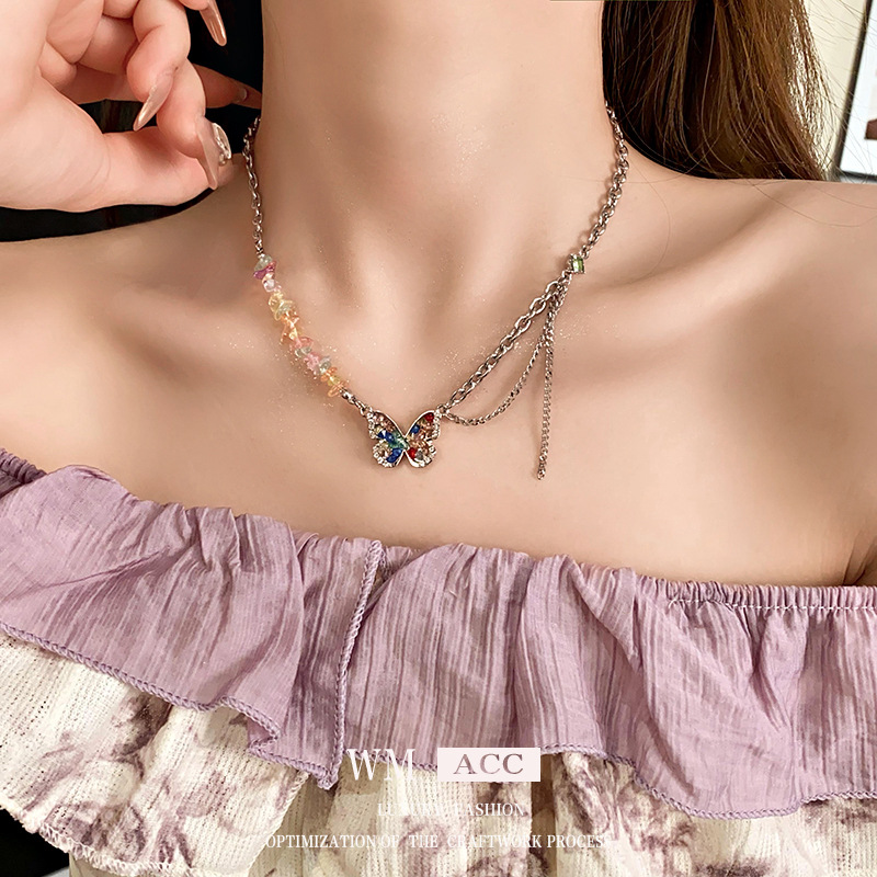 Titanium steel diamond inlaid butterfly necklace with dopamine personality design, clavicle chain, niche, light luxury