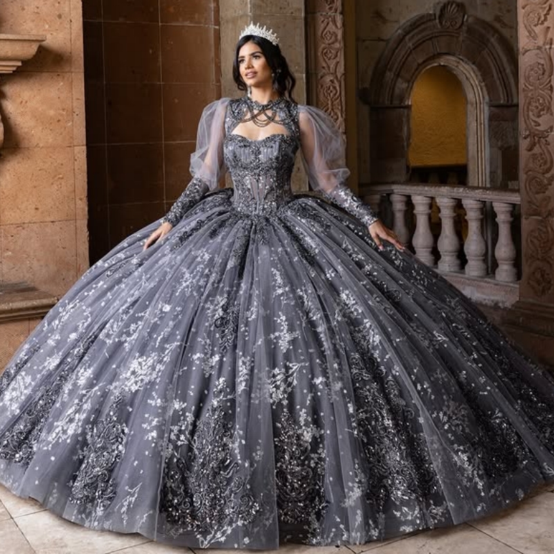 Black Quinceanera Dresses Ball Gown Sequin Applique Lace Beading Tull Party Birthday Sweet 16 Vestidos De XV 15 Anos