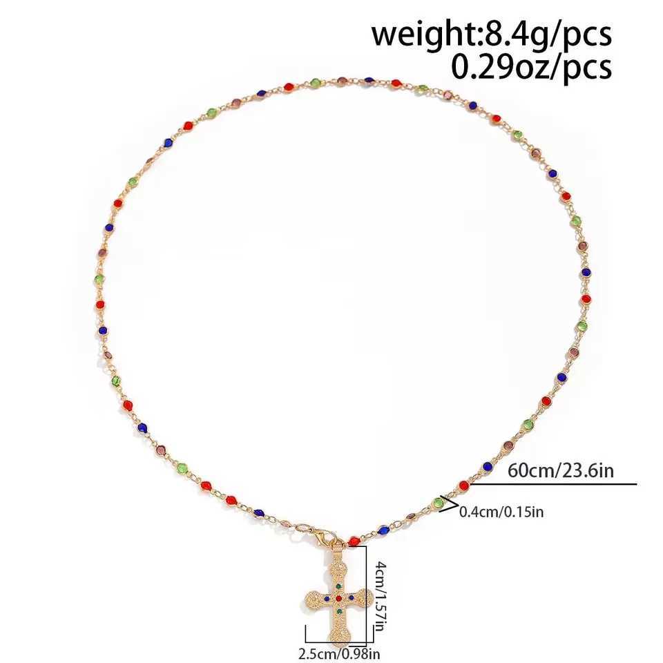 Y2K Fashion Boho Geometric Colored Crystal Chain Necklace For Women Female Vintage Gold Color Metal Cross Pendant Jewelry Gift XJ250604
