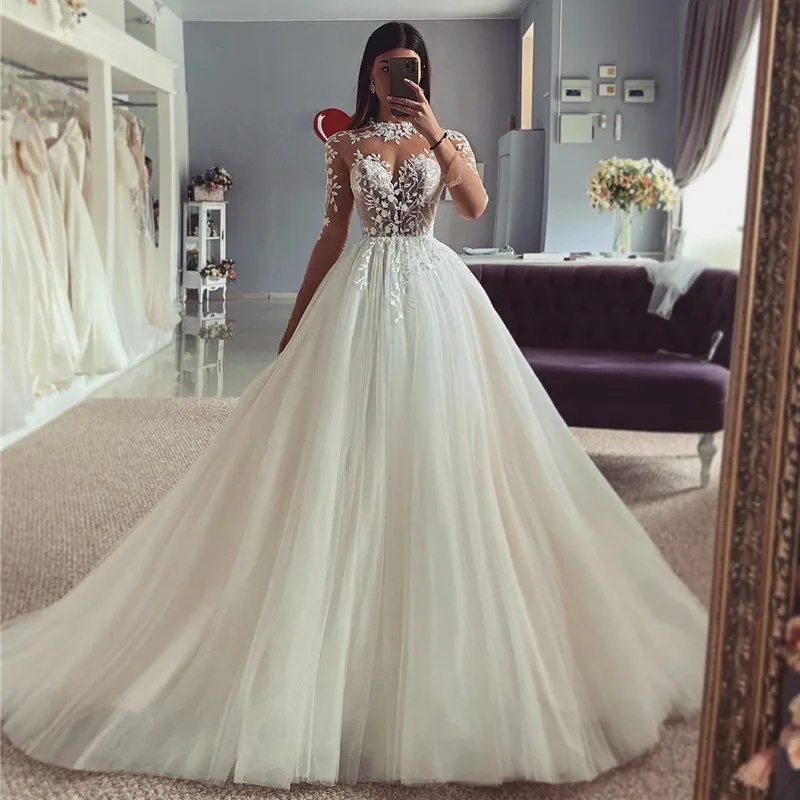 Long Sleeves Boho Wedding Dresses Lace Appliques A Line Sweatheart Neck Bohemian Bridal Gown Transparent Jewel Neck Tulle Vestido De Novia