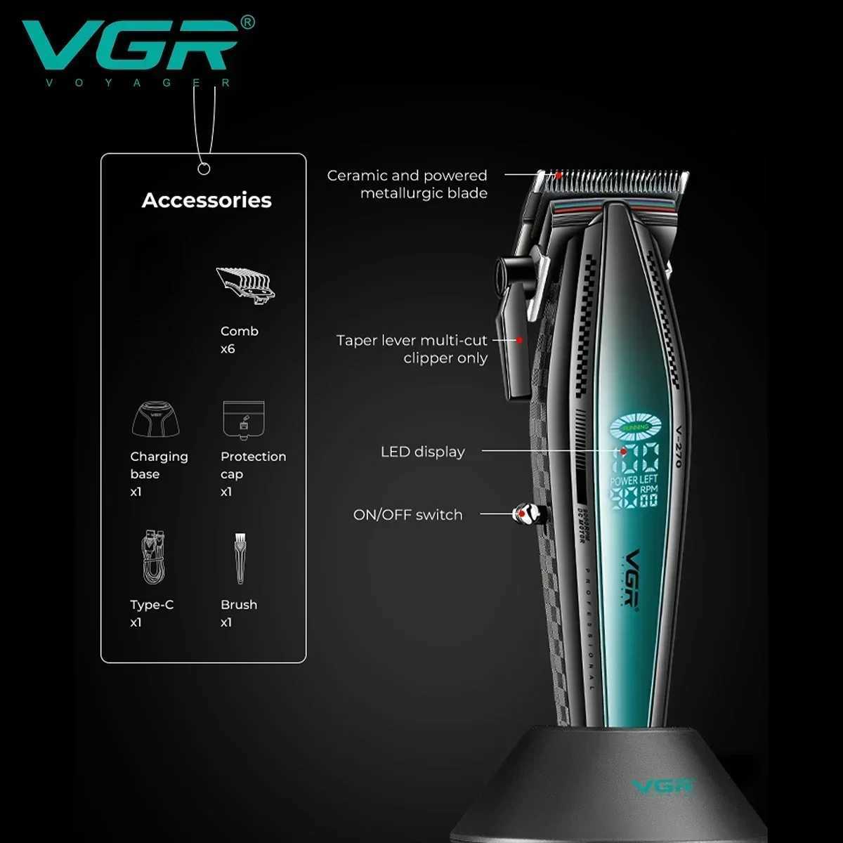 VGR Hair Trimmer Professional Hair Cutting Machine Cordless Hair Clipper Rechargeable Barber 9000 RPM LED Beard Trimer for MenXJ250604