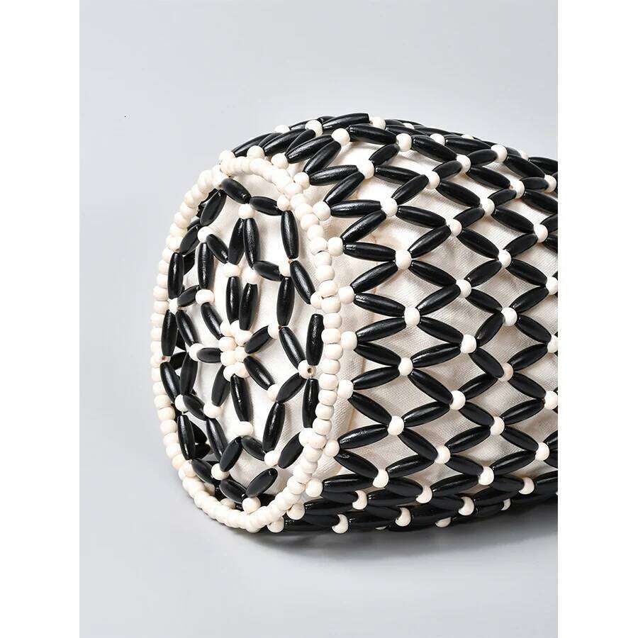 OLOEY Women Woven hand summer design hollow-out wooden bead tote bucket shoulder bag female Reticulate netted canvas beach handbag