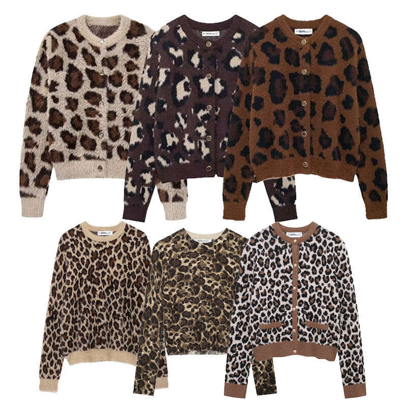 Women's Fashion Autumn Winter New Animal Print Jacquard Sweater Faux Fur Knit Cardigan Coat B5