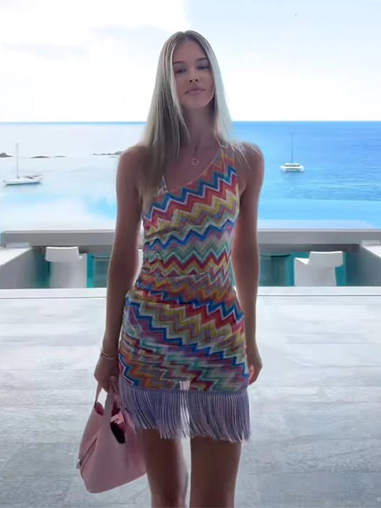 Fringe Printed Women Halter Dress Striped Slim Fit Sexy Bikini Vest Camisole Patchwork Beach Tassel Short Strap Dresses Summer 250604