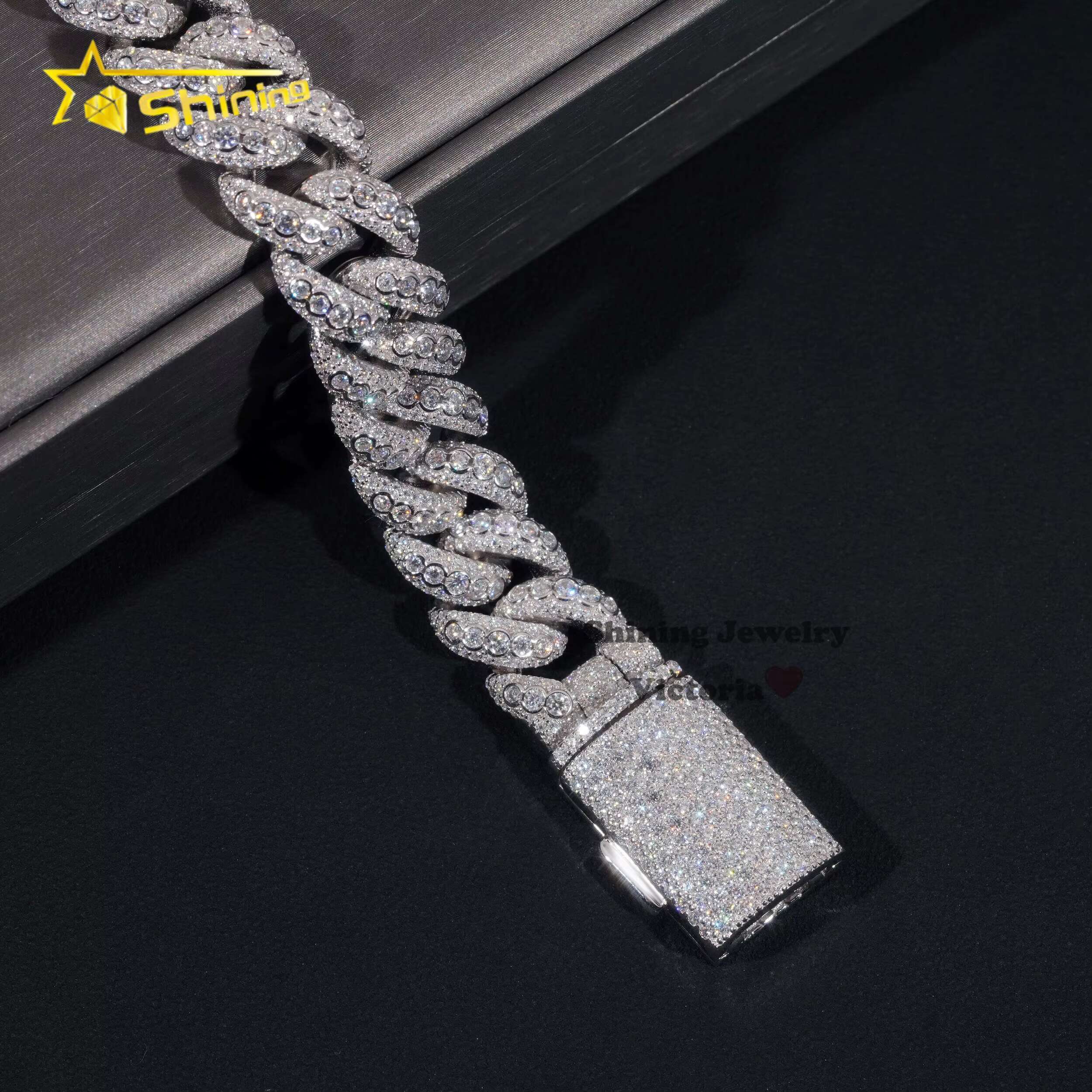 Iced Out Jewelry 15MM 925 Sterling Silver GRA Certificate Diamond Moissanite Cuban Link Chain Bezel Setting Cuban Bracelet