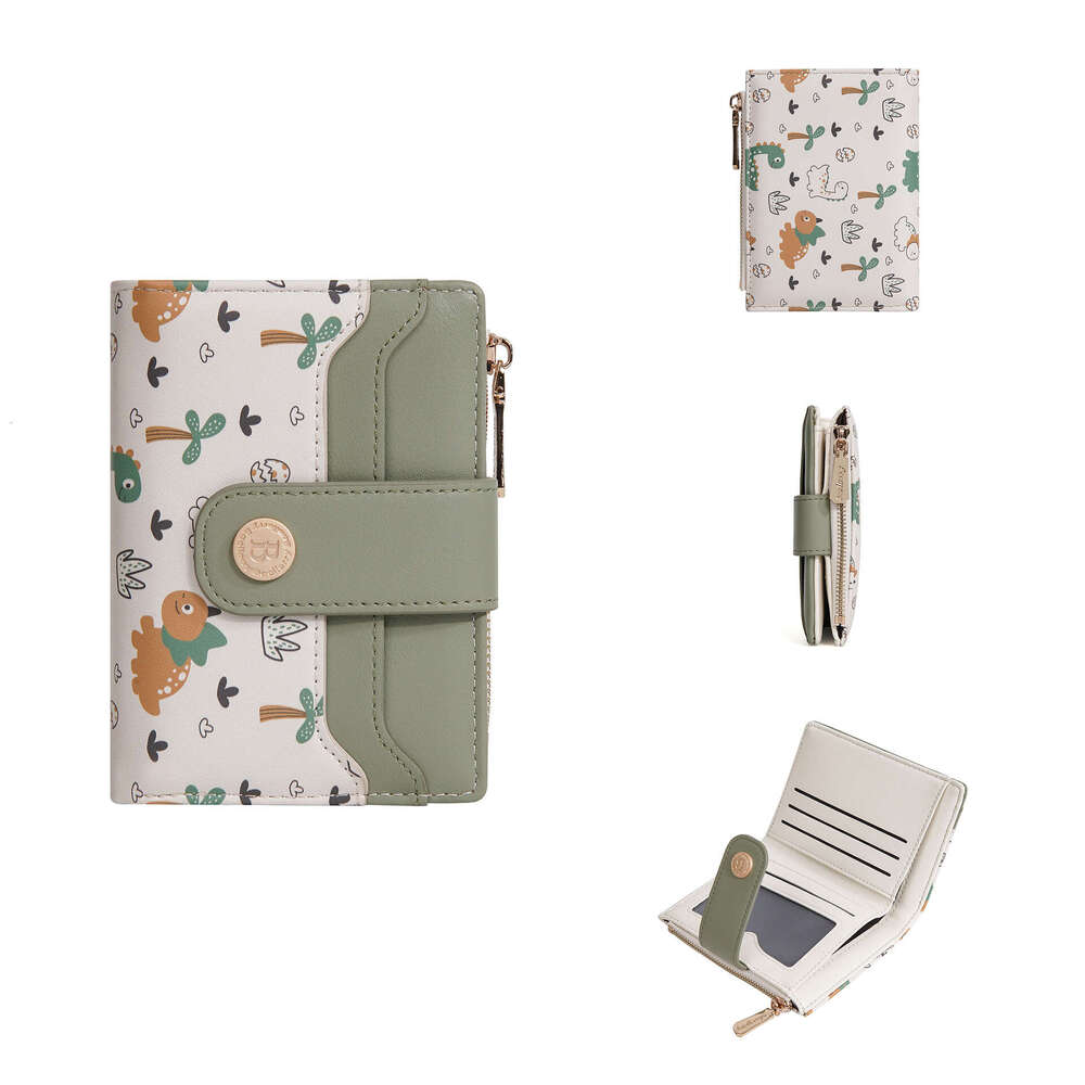 New Women's Short Baellerry Korean Version Cartoon Dinosaur Print Snap Button Wallet Zipper Coin Purse