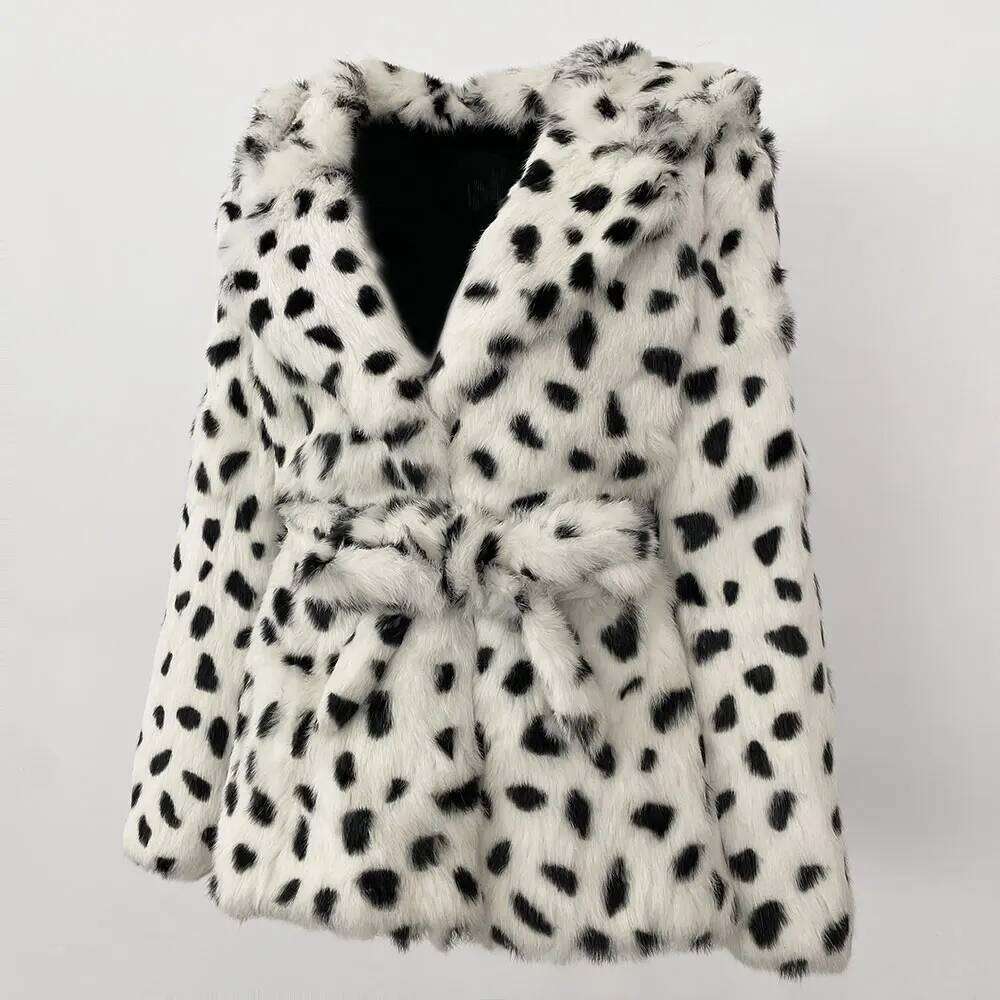 MENINA 2025 Real Natural Rabbit Fur Short Coat Leopard Belt Winter Jacket Women Thick Warm Elegant Outerwear Streetwear Fashion