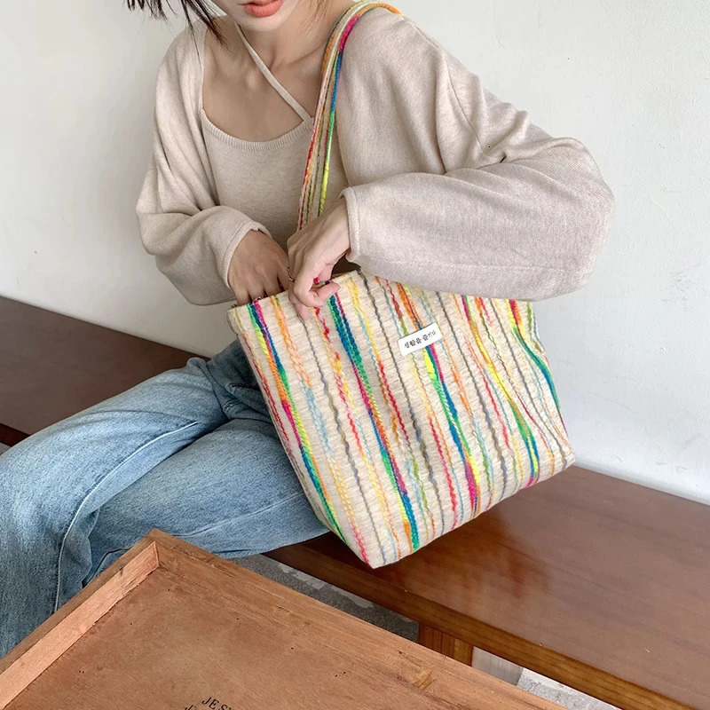 JIOMAY Handbags for Women 2024 er Beach Bag Casual with Buckle Cute Tote Bags Stripes Shopper Rainbow Canvas Shoulder Bag 250603