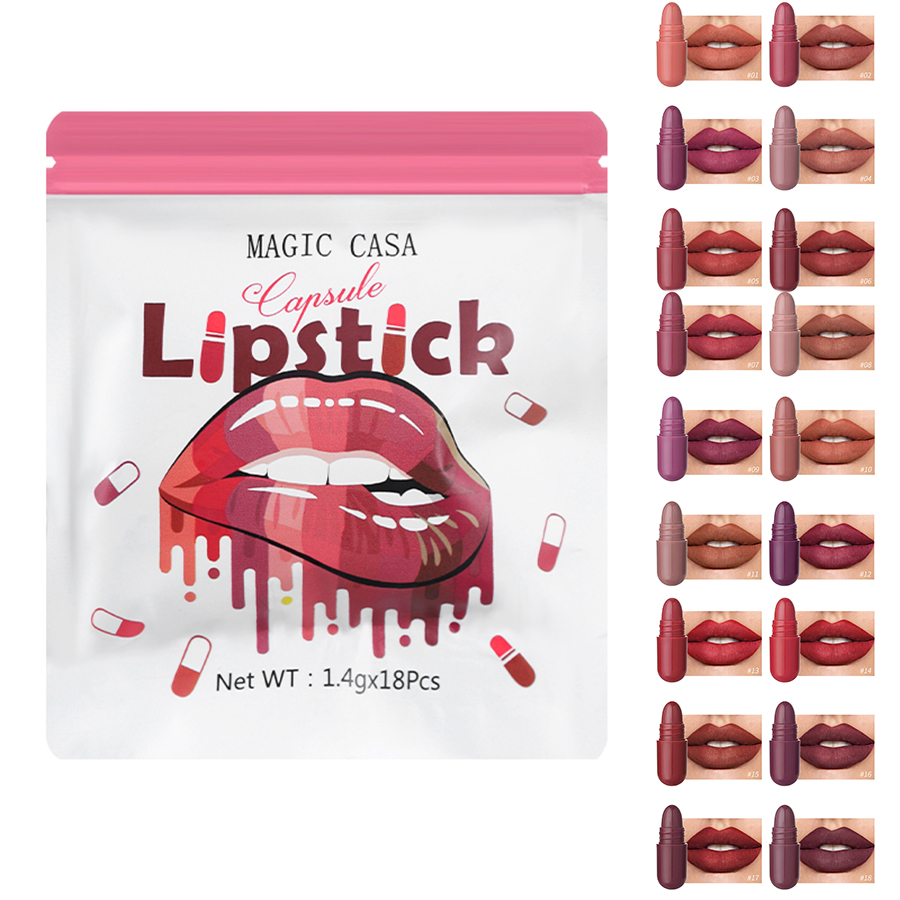 18 pcs per pack Mini Capsule Lipstick Matte Velvet Matte Non-sticky Lip Gloss OPP Pouch Creative Lipstick for Daily Use DH1007