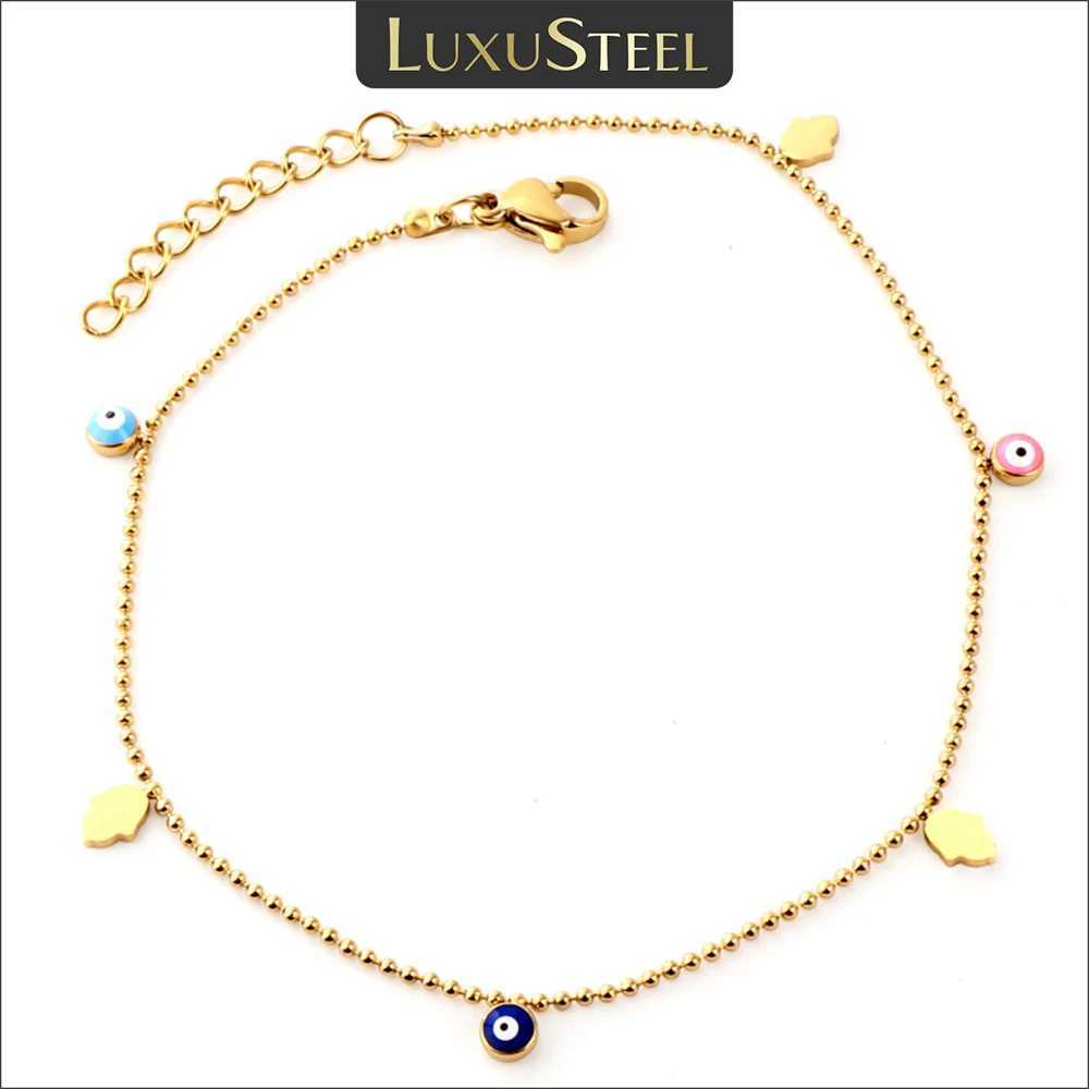 LUXUSTEEL Boho Enamel Colorful Evil Eye Hand Anklets For Women Stainless Steel Beads Link Leg Chain Summer Jewelry Waterproof W250604