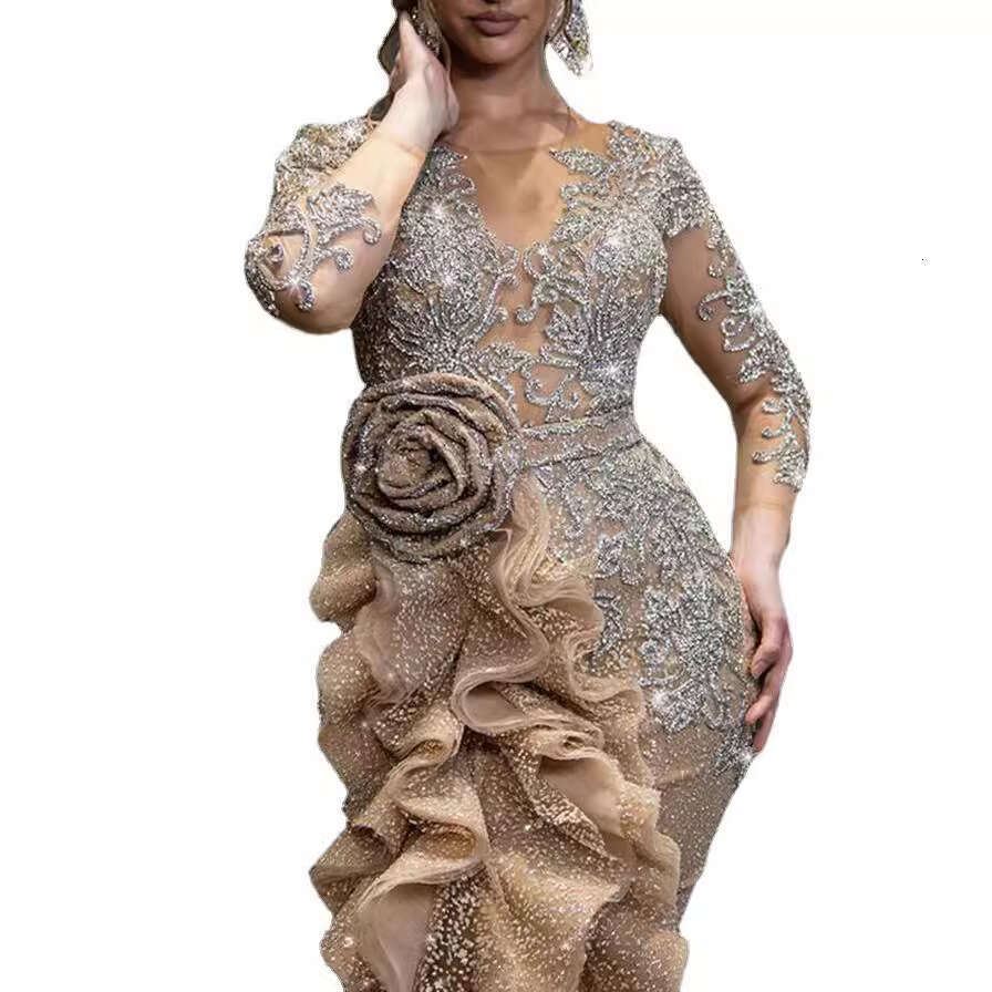 2020 New Women's Sexy Gold Sequin Long Sleeve Party Dress with Train