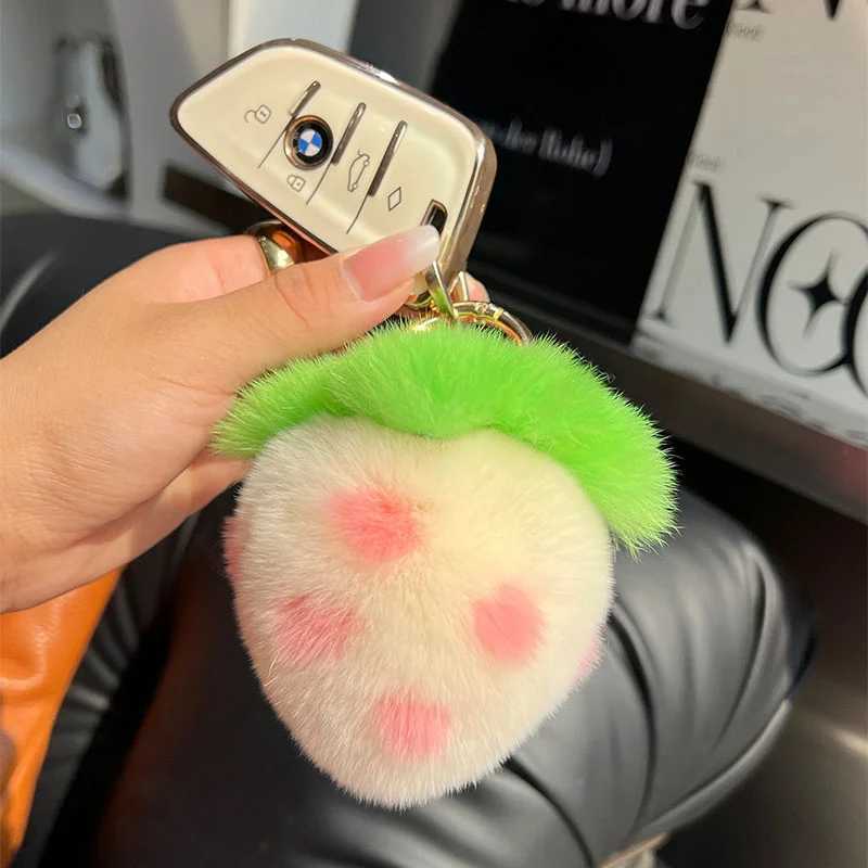 Y2K Fashion Real Rex Rabbit Fur Strawberry Pendant Fur Keychain for Bags Womens Bag Backpack Strawberry Keychain Accessories W250604
