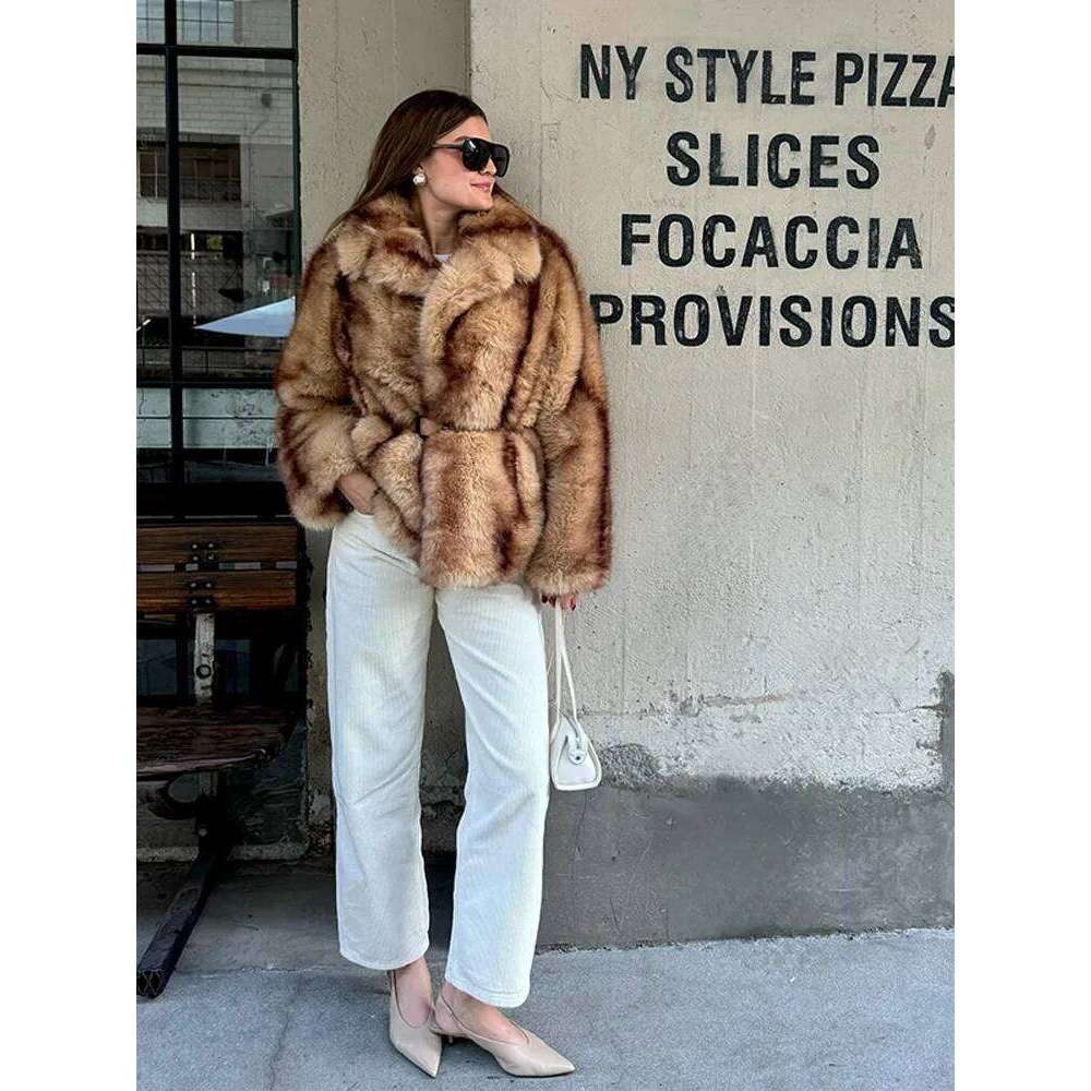 Vintage Faux Fur Women Coat Full Sleeve Loose Lady Jacket 2025 Early Spring Fashion Elegant Belt Thicken Warm Female Outwear