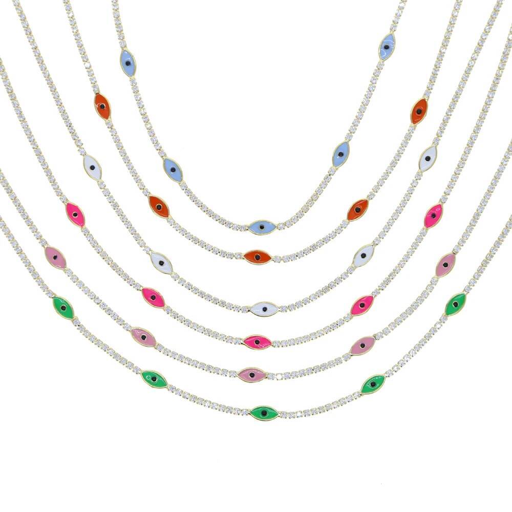 Short Sparking Cz Tennis Chain Chocker Necklace with Blue Evil Eye Charm Necklaces Fashion Women Collar Jewellery Femme