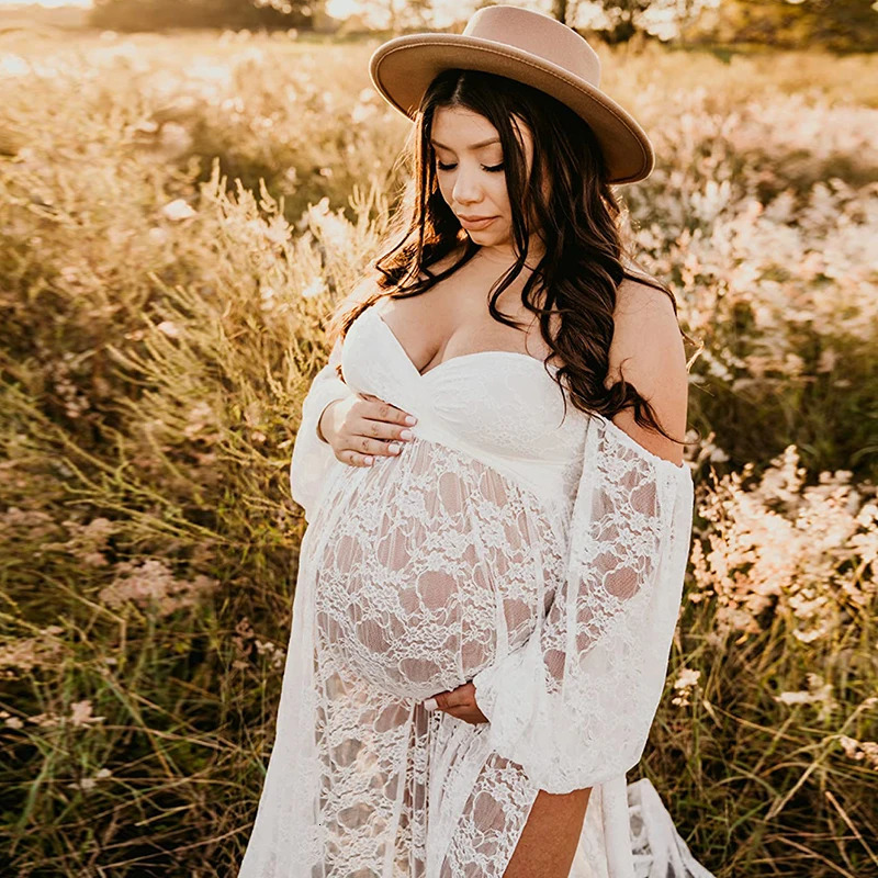 Maternity Dress Soft Stretchy Lace Off Shoulder Doubly Split A line Skirt Pregnancy Maxi Gown for Poshoot 250530