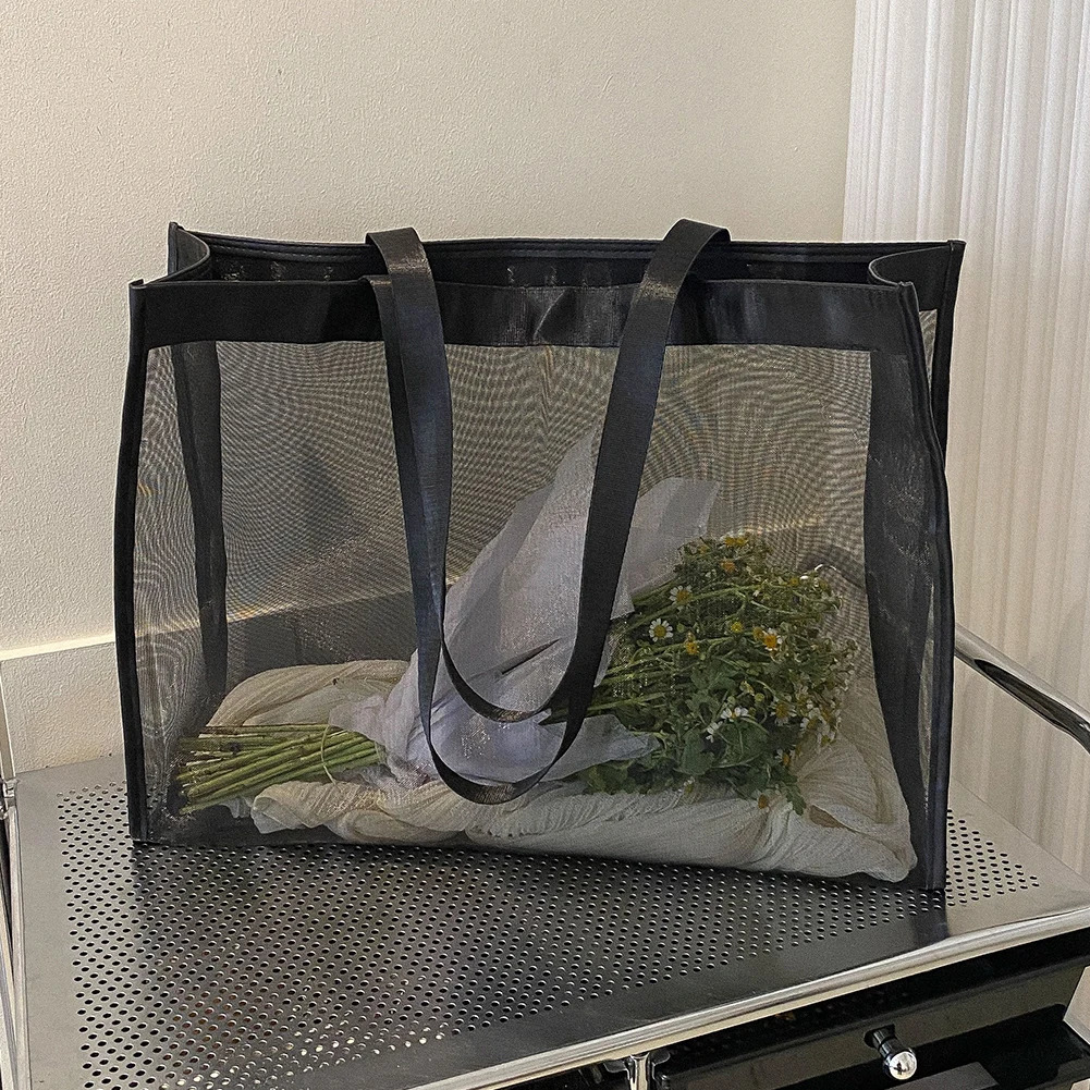 Fashion Bags Large Capacity Mesh Top-Handle Handbag Solid Color Storage Bags Transparent All-match for Beach Swimming 250603