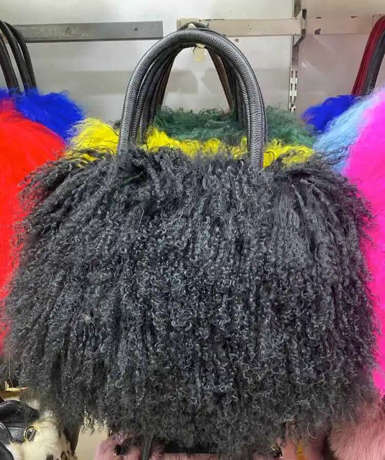 MWfur Handbag Fashion Long Hair Tote Bag Mongolian Lamb Fur Bags for Women