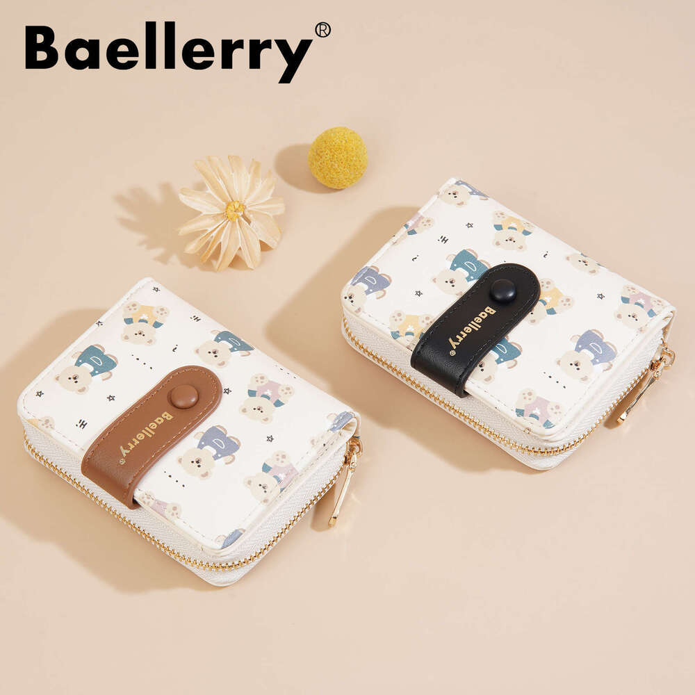 New Women's Short Wallet Baellerry Korean Style Cute Cartoon Bear Snap Button Leather Zipper Coin Purse